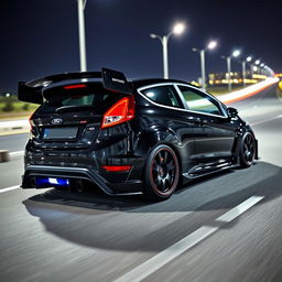 A sleek black Ford Fiesta ST in a time attack style, featuring an extreme wide bodykit and a large rear spoiler, parked on a highway at night