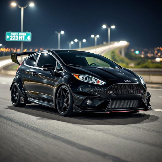 A sleek black Ford Fiesta ST in a time attack style, featuring an extreme wide bodykit and a large rear spoiler, parked on a highway at night