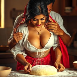 An intimate scene featuring an Indian maid in a vibrant red saree and a white blouse, with flour dusting her bare chest, showcasing her beautiful cleavage