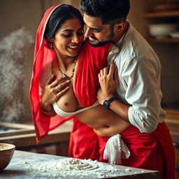 An intimate scene featuring an Indian maid, sweetly moaning, dressed in a vibrant red saree and a white blouse dusted with flour that highlights her beautiful cleavage