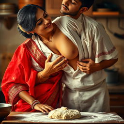 An intimate scene featuring an Indian maid, sweetly moaning, dressed in a vibrant red saree and a white blouse dusted with flour that highlights her beautiful cleavage