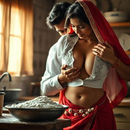 An intimate scene featuring an Indian maid, sweetly moaning, dressed in a vibrant red saree and a white blouse dusted with flour that highlights her beautiful cleavage