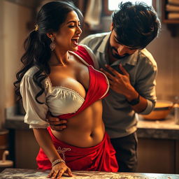 An intimate scene featuring an Indian maid erotically moaning, dressed in a vibrant red saree and a white blouse, with flour dusting her bare chest that highlights her beautiful cleavage