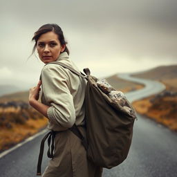 A weary, overloaded woman dressed in simple clothes, struggling to carry a heavy backpack filled with visible stones