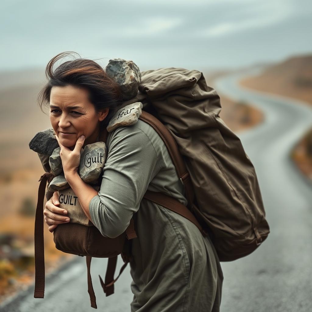 A weary, overloaded woman dressed in simple clothes, struggling to carry a heavy backpack filled with visible stones