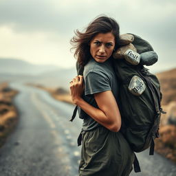 A weary, overloaded woman dressed in simple clothes, struggling to carry a heavy backpack filled with visible stones