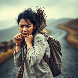 A weary, overloaded woman dressed in simple clothes, struggling to carry a heavy backpack filled with visible stones