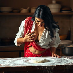 An intimate scene featuring an Indian maid sultry moaning, dressed in a vibrant red saree and a white blouse dusted with flour that accentuates her beautiful cleavage