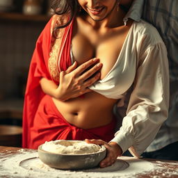 An intimate scene featuring an Indian maid sultry moaning, dressed in a vibrant red saree and a white blouse dusted with flour that accentuates her beautiful cleavage
