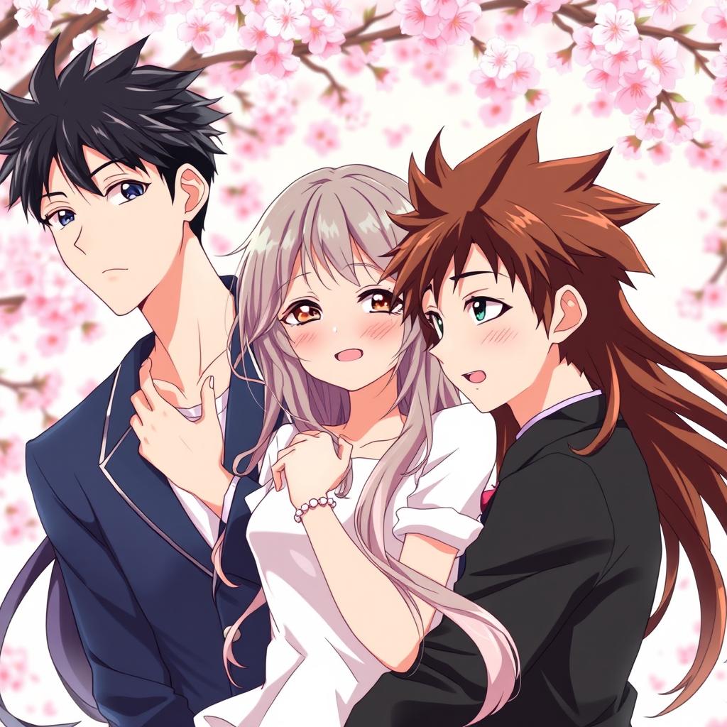 A vibrant anime scene featuring two Asian brothers entangled in a complex love triangle with one girl