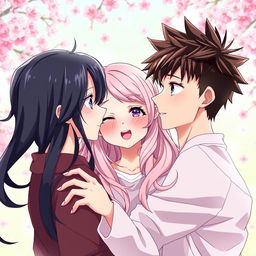A vibrant anime scene featuring two Asian brothers entangled in a complex love triangle with one girl