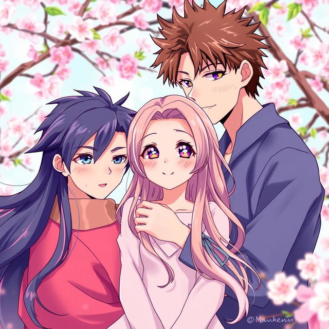 A vibrant anime scene featuring two Asian brothers entangled in a complex love triangle with one girl