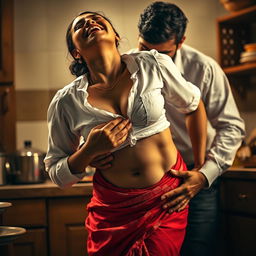 An intimate scene featuring an Indian maid moaning in sweet pain, wearing a white blouse dusted with flour that emphasizes her beautiful cleavage, paired with a vibrant red saree
