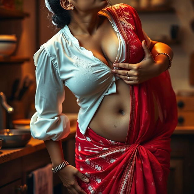 An intimate scene featuring an Indian maid moaning in sweet pain, wearing a white blouse dusted with flour that emphasizes her beautiful cleavage, paired with a vibrant red saree