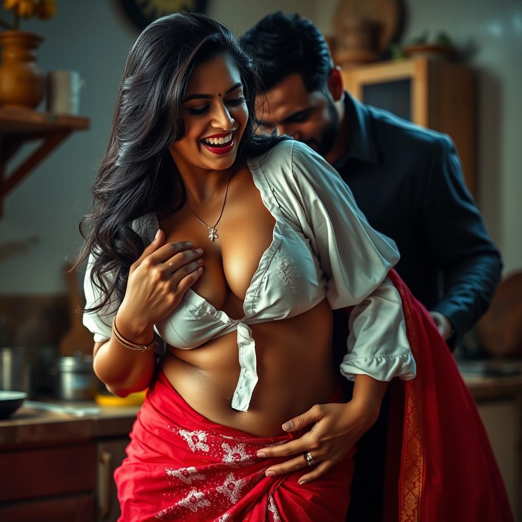 An intimate scene featuring an Indian maid moaning in sweet pain, wearing a white blouse dusted with flour that emphasizes her beautiful cleavage, paired with a vibrant red saree