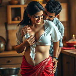 An intimate scene featuring an Indian maid moaning in sweet pain, wearing a white blouse dusted with flour that emphasizes her beautiful cleavage, paired with a vibrant red saree