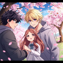 An anime scene depicting a love triangle involving two handsome brothers and a charming girl