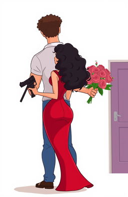 A simple cartoon woman standing with her back facing towards a tall man, holding a gun in her hand