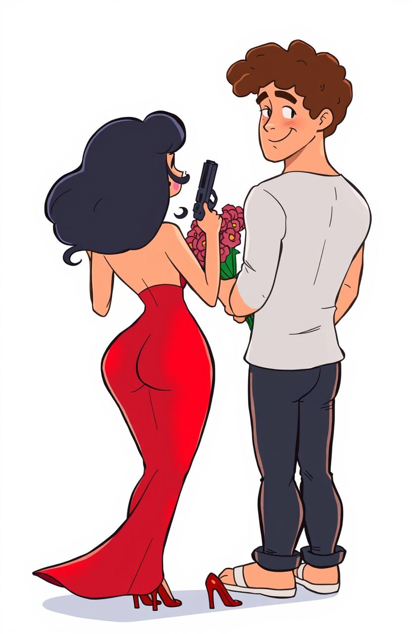A simple cartoon woman standing with her back facing towards a tall man, holding a gun in her hand