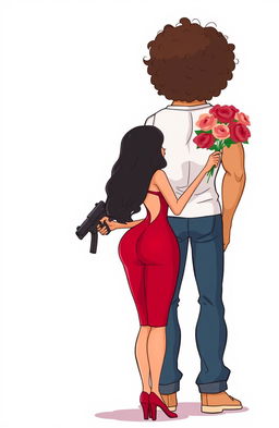 A simple cartoon woman standing with her back facing towards a tall man, holding a gun in her hand