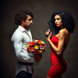 A striking scene featuring a confident woman with black curly hair, wearing a sexy red dress, holding a gun in her right hand