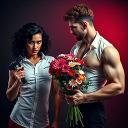 A striking scene featuring a confident woman with black curly hair, wearing a sexy red dress, holding a gun in her right hand