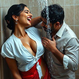 An intimate scene featuring an Indian maid moaning in sweet pain, wearing a white blouse with water flowing over her bare chest, highlighting her beautiful cleavage, complemented by a vibrant red saree