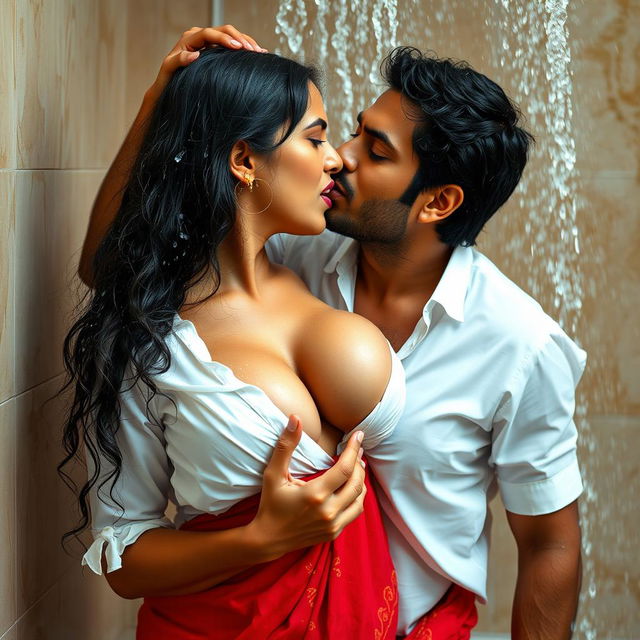 An intimate scene featuring an Indian maid moaning in sweet pain, wearing a white blouse with water flowing over her bare chest, accentuating her beautiful cleavage, paired with a vibrant red saree