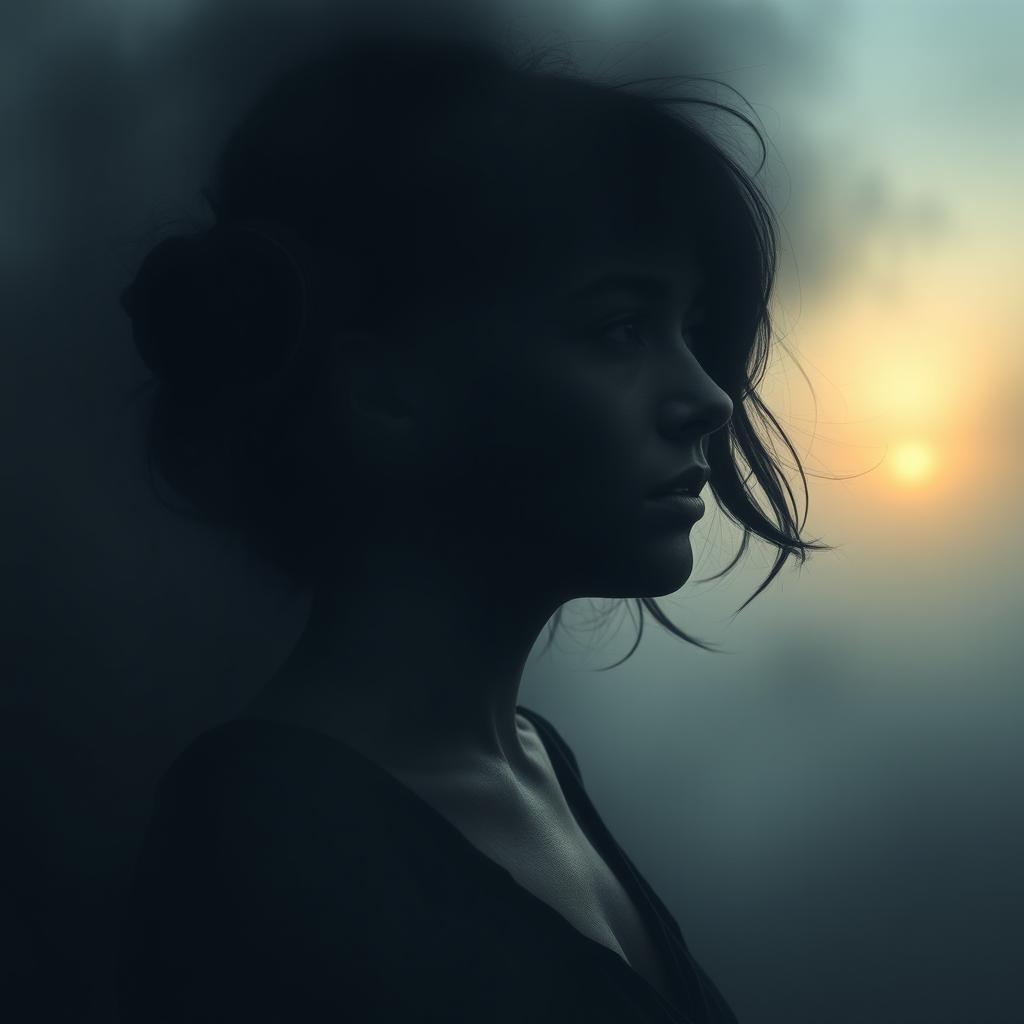 A woman in a dark and gloomy landscape, with heavy shadows cast over her head, symbolizing emotional weight