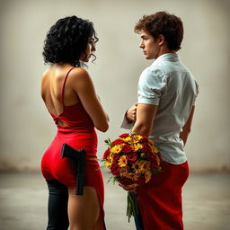 A dramatic scene featuring a fierce woman with black curly hair, wearing a sexy red dress with a high slit up her thigh, holding a gun concealed behind her back