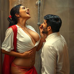An intimate scene featuring an Indian maid moaning in sweet pain, wearing a white blouse with water cascading over her bare chest, accentuating her beautiful cleavage, paired with a vibrant red saree