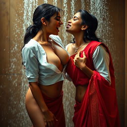 An intimate scene featuring an Indian maid moaning hard in the shower while wearing a white blouse, with water flowing over her bare chest, showcasing her beautiful hot cleavage paired with a vibrant red saree