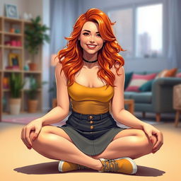 A vibrant and stylish depiction of a ginger-haired woman sitting cross-legged, wearing a trendy mini skirt that showcases her fashion sense