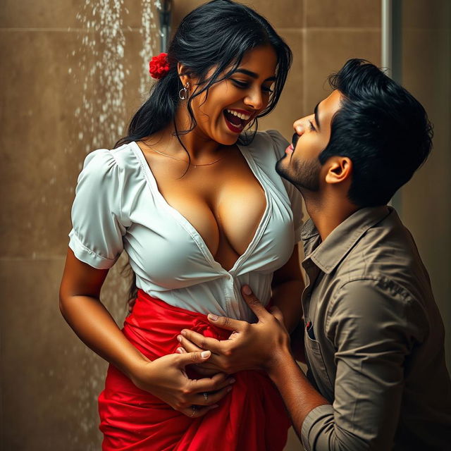 An intimate scene featuring a wet Indian maid moaning hard in the shower while wearing a white blouse, with water cascading over her bare chest, highlighting her beautiful hot cleavage, complemented by a vibrant red saree