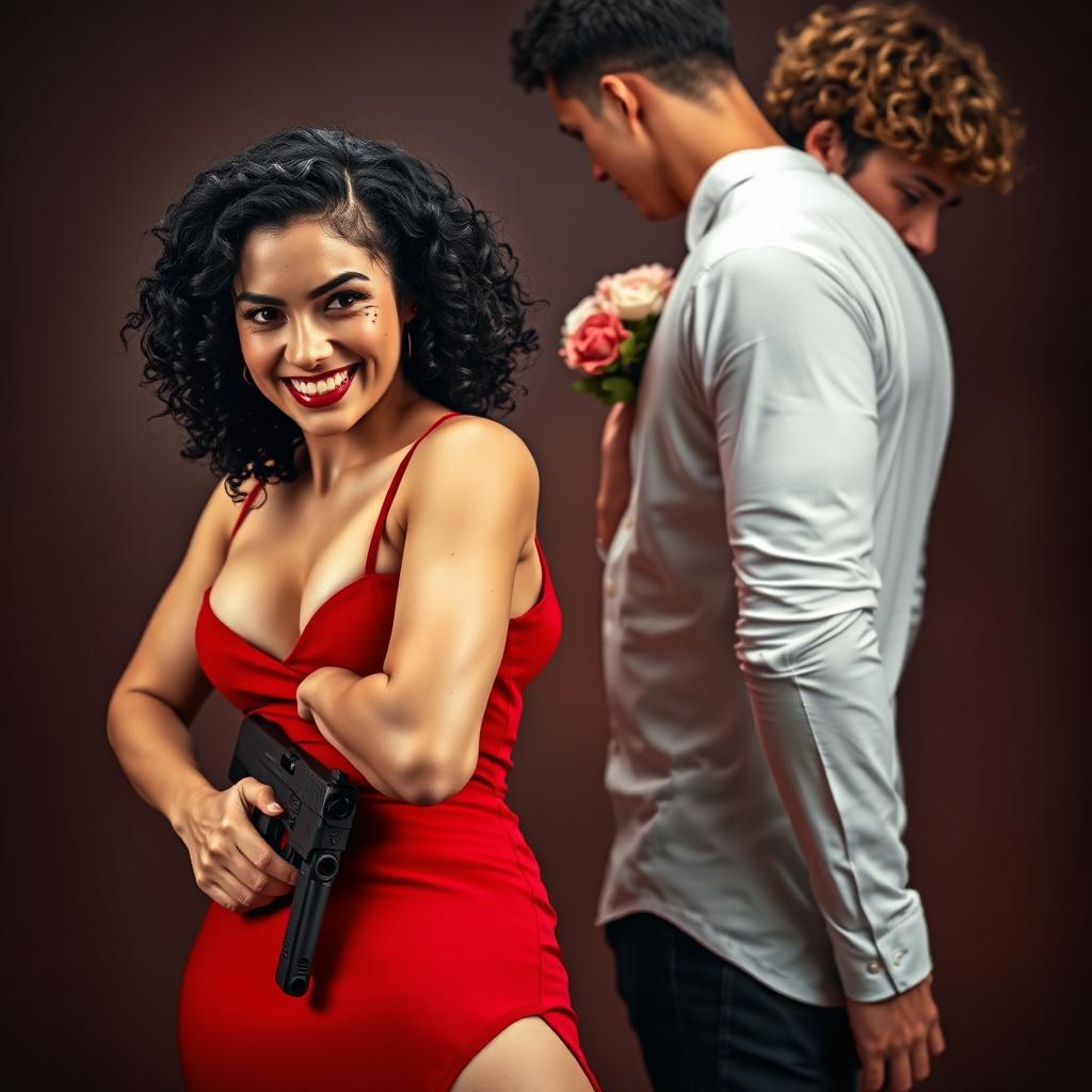 A captivating scene featuring a fierce white woman with dark freckles adorning her cheekbones and the bridge of her nose, smiling confidently as she holds a gun hidden behind her back