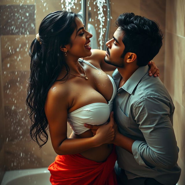 An intimate scene featuring an Indian maid moaning hard in the shower while wearing a wet white blouse, with water flowing over her bare chest, showcasing her beautiful hot cleavage alongside a vibrant red saree