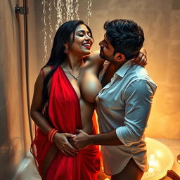 An intimate scene featuring an Indian maid moaning softly in the shower, wearing a wet white blouse with water flowing down her bare chest, accentuating her beautiful hot cleavage