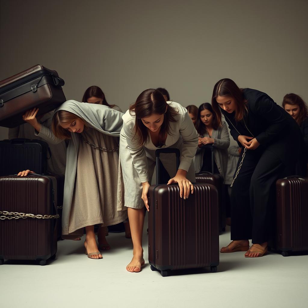 A scene depicting multiple women in various postures, some bending forward under the weight of large suitcases, while others appear to be restrained by invisible chains around their bodies