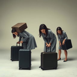 A scene depicting multiple women in various postures, some bending forward under the weight of large suitcases, while others appear to be restrained by invisible chains around their bodies
