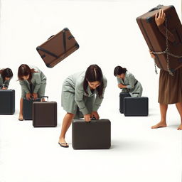A scene depicting multiple women in various postures, some bending forward under the weight of large suitcases, while others appear to be restrained by invisible chains around their bodies