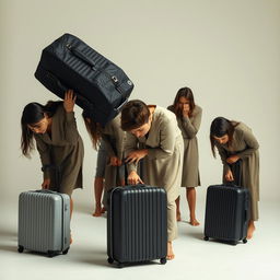 A scene depicting multiple women in various postures, some bending forward under the weight of large suitcases, while others appear to be restrained by invisible chains around their bodies