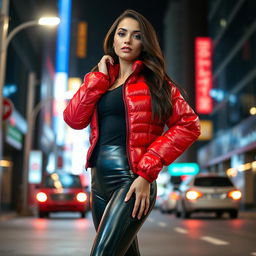 An attractive slim woman with large breasts, confidently posing in a shiny red tight puffer jacket that hugs her curves and black latex leggings that add a sleek touch to her outfit
