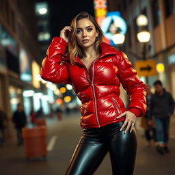 An attractive slim woman with large breasts, confidently posing in a shiny red tight puffer jacket that hugs her curves and black latex leggings that add a sleek touch to her outfit