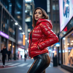 An attractive slim woman with large breasts, confidently posing in a shiny red tight puffer jacket that hugs her curves and black latex leggings that add a sleek touch to her outfit