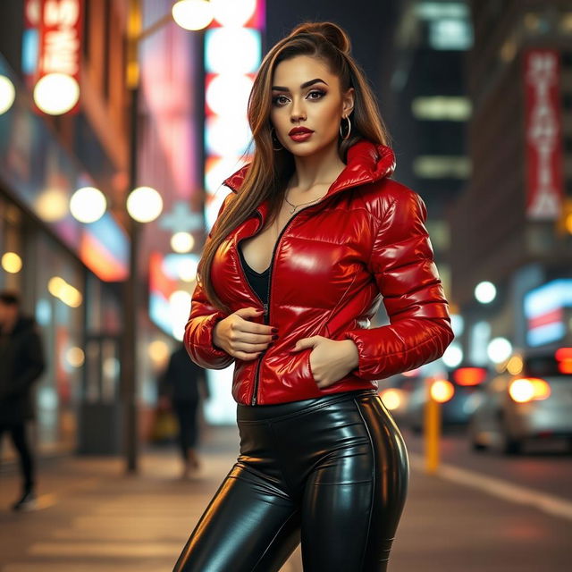 An attractive slim woman with large breasts, confidently posing in a shiny red tight puffer jacket that hugs her curves and black latex leggings that add a sleek touch to her outfit