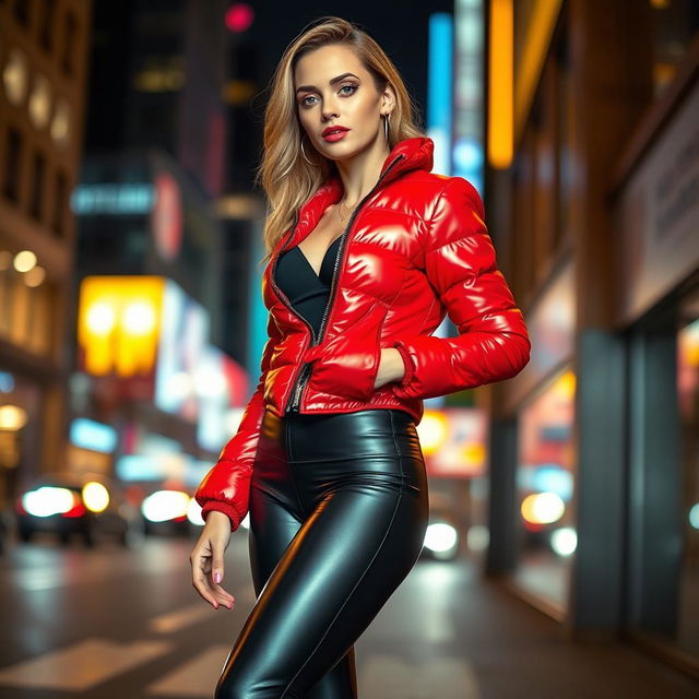 A stunning slim woman with large breasts, confidently wearing a shiny red tight puffer jacket that accentuates her silhouette, paired with black latex leggings that embrace her curves