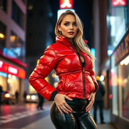 A stunning slim woman with large breasts, confidently wearing a shiny red tight puffer jacket that accentuates her silhouette, paired with black latex leggings that embrace her curves