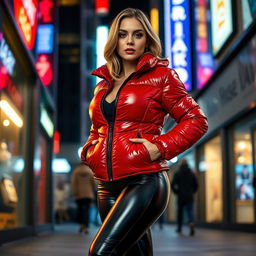A stunning slim woman with large breasts, confidently wearing a shiny red tight puffer jacket that accentuates her silhouette, paired with black latex leggings that embrace her curves