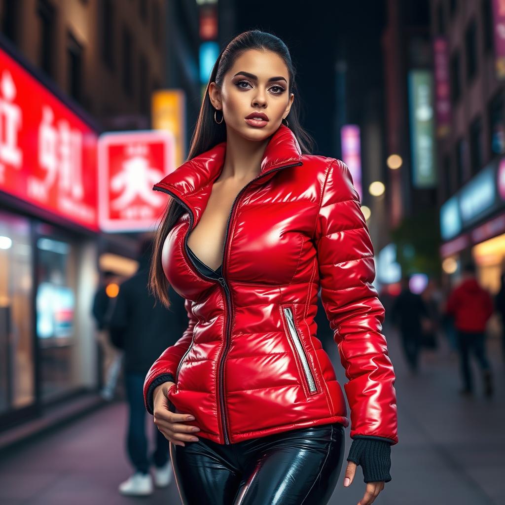 A stunning slim woman with large breasts, confidently wearing a shiny red tight puffer jacket that accentuates her silhouette, paired with black latex leggings that embrace her curves