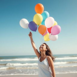A woman releasing colorful balloons into the sky
